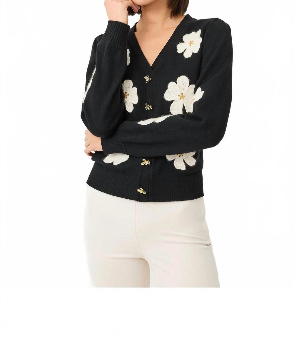 NEW LILLY PULITZER millard sweater in black big lillys flower embroidery